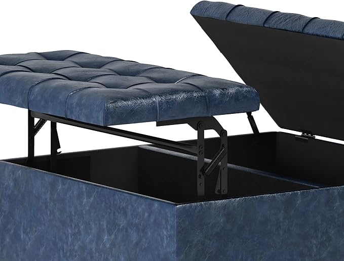 SIMPLIHOME Harrison 36 inch Wide Transitional Square Coffee Table Storage Ottoman in Denim Blue Vegan Faux Leather, Assembled, For the Living Room and Bedroom
