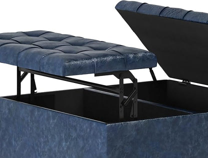SIMPLIHOME Harrison 36 inch Wide Transitional Square Coffee Table Storage Ottoman in Denim Blue Vegan Faux Leather, Assembled, For the Living Room and Bedroom
