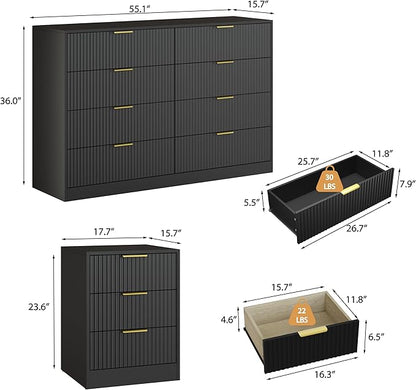 3-Piece Modern Bedroom Furniture Set, Wide 8-Drawer Dresser & 3-Drawer Nightstands Set of 2, Natural Wood Dresser and Nightstand Sets for Bedroom, Hallway, Black