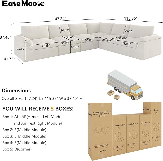 EASE MOOSE Boneless Modular Cloud Couch, Oversized L-Shaped Sectional Sofa for Living Room, Extra Large Movable Couches, 6-Deep-Seat Movable Sofas for Bedroom, Apartment, Chenille (White)