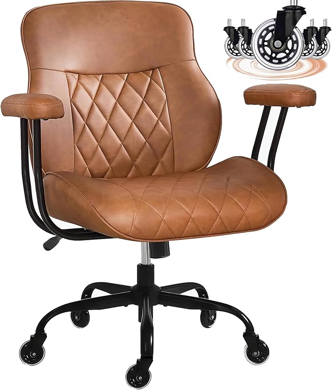 BEWISHOME Ergonomic Home Office Chair, Mid-Century Modern Brown Leather Desk Chair with Robber Casters Lumbar Support Adjustable Height Rolling Swivel Chair Executive Task Armrests BBY01Z