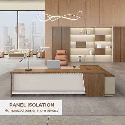 Modern L Shape Executive Desk with Drawers and Lockable Storage Cabinet, Large Executive Office Desk with Cable Management (Champagne Wood Grain+Beige/Left,79" L*63" W*30" H)