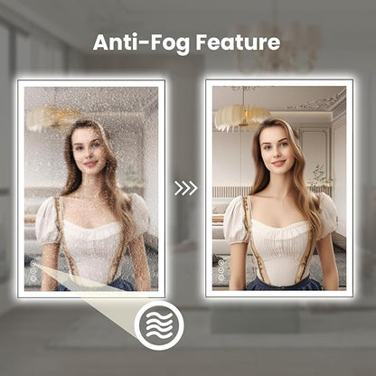 WTTY 28"X36" LED Bathroom Mirror with Black Frame, Bathroom Vanity Mirror with Lights for Wall, Front Light and Backlit, Anti-Fog, Dimmable, 3 Colors, Shatterproof, Memory, Horizontal/Vertical