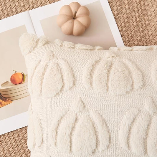 Kevin Textile Fall Pillow Covers 16x16 Inch Set of 2 Soft Pumpkins Decorative Square Pillowcases Plush Autumn Faux Fur Cushions Harvest Gift for Couch Sofa Chair Bedroom Home Decor, Beige