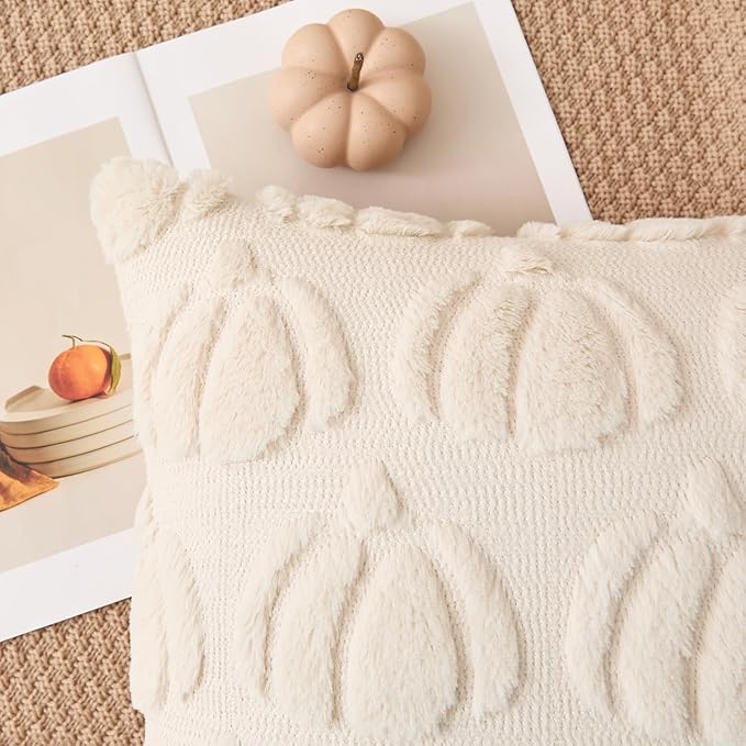 Kevin Textile Fall Pillow Covers 20x20 Inch Set of 2 Soft Pumpkins Decorative Square Pillowcases Plush Autumn Faux Fur Cushions Harvest Gift for Couch Sofa Chair Bedroom Home Decor, Beige