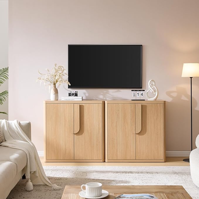 69'' Sideboard Buffet Cabinet W/Storage, Modern Accent Cabinets W/Curved Handles & Adjustable Shelves, 4 Doors Coffee Bar Buffet Table Credenza for Living Room Kitchen Hallway, Natural