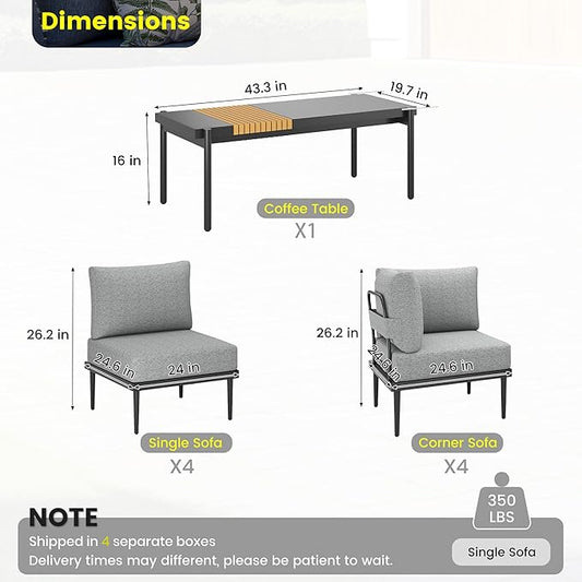 Sundale Outdoor 9 Pieces Patio Furniture Set, U-Shaped Outdoor Sectional Sofa with 6 Inch Olefin Cushion and Coffee Table, Modern Metal Outdoor Conversation Sets (8 Seats, Grey Frame)