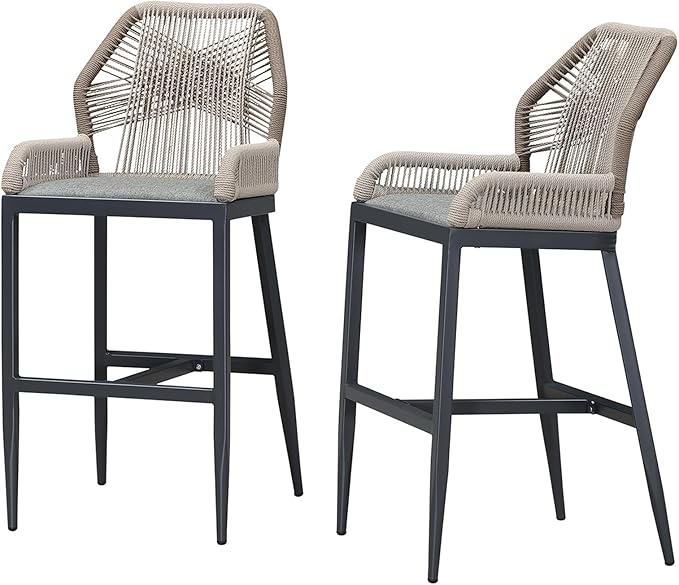 PURPLE LEAF 2 Pieces Bar Stools Patio Modern Rattan Barstools Aluminum Woven Tall Bar Chairs with Cushions for Outdoor Kitchen Island Garden