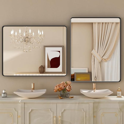 Black Wall Mirror for Bathroom 30x36 Inch,Matte Black Metal Framed Vanity Mirror,Tempered Glass,Anti-Rust,Horizontal or Vertical