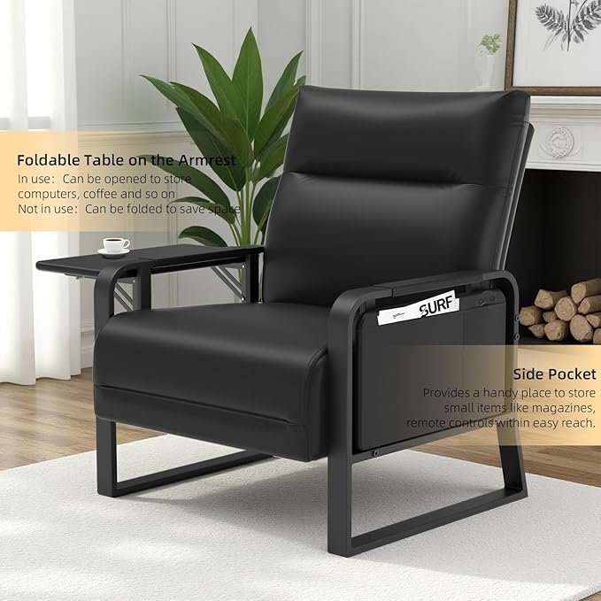 Faux Leather Accent Chair with Flip Up Tray Table Soft Backrest Side Pocket for Living Room Office Bedroom Leather Accent Chair, Black