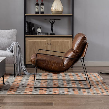 Mid-Century Accent Chair Set of 2, Comfy PU Leather Side Chair with Armrest, Upholstered Leisure Chair with Black Metal Frame for Living Room Bedroom Reception Room, Brown