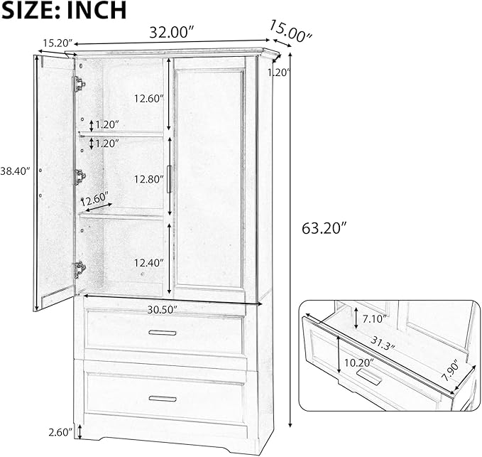Polibi Tall Storage Cabinet with 2 Drawers, 3-Tier Adjustable Shelves & 2 Doors, Floor Free-Standing Cabinet for Bathroom, Living Room, Black, 63.2" H*32" W