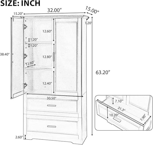 Polibi Tall Storage Cabinet with 2 Drawers, 3-Tier Adjustable Shelves & 2 Doors, Floor Free-Standing Cabinet for Bathroom, Living Room, Black, 63.2" H*32" W