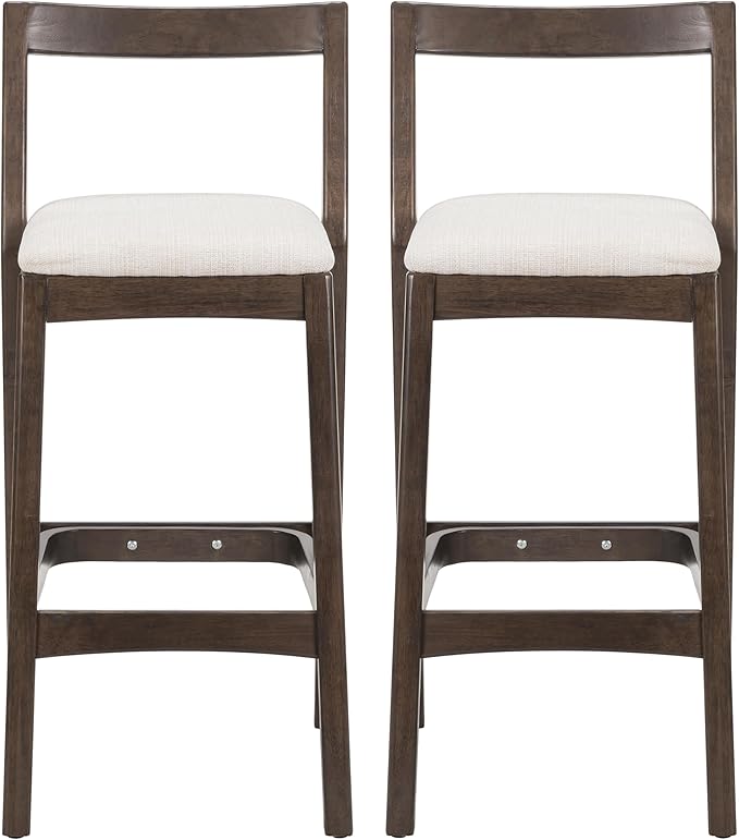 Christopher Knight Home Yone Counter Height Bar Stools Set of 2, Comfy Fabric Upholstered Bar Stool for Kitchen Island, Wooden Dining Room Chair, Barstools with Footrest/Backrest, Beige + Dark Brown