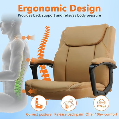 CLATINA Brown Office Chair Computer Chairs PU Leather Executive Office Chairs Swivel Adjustable Height Chair with Upholstery Fixed armrest Mid-Back Leather Thick Cushion Office Chair Brown 1Pack