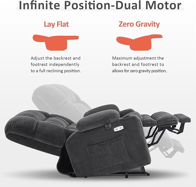 MCombo Dual Motor Power Lift Recliner Chair for Elderly, Lay Flat Lift Chair with Heat and Massage, Petite Wide Lift Chair, Cup Holders, USB A&C Ports, Fabric R7894 (Small-Wide, Dark Gray)