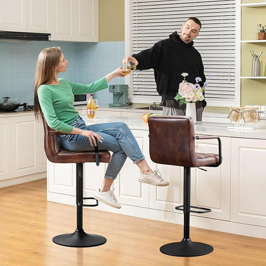 Furniliving Bar Stools Set of 2 with Back, Modern Square PU Leather Kitchen Stools with Armrest, Adjustable Counter Height Barstools for Kitchen Bar Pub Cafe (Darkbrown)