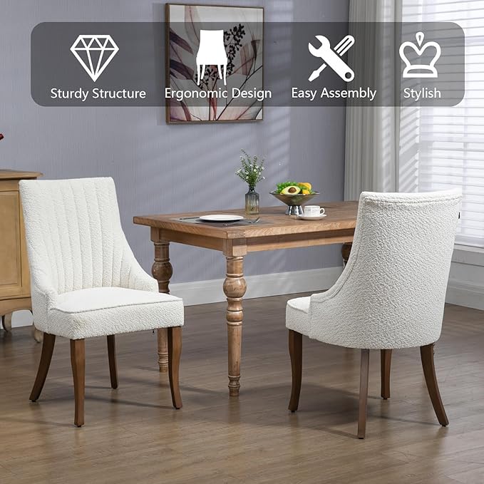 mikibama Boucle Dining Chairs Set of 2 Channel Tufted Kitchen Dinner Chair Comfy Teddy Fabric Upholstered Accent Chair for Dining Room with Solid Wood Legs (Off White 2pc)
