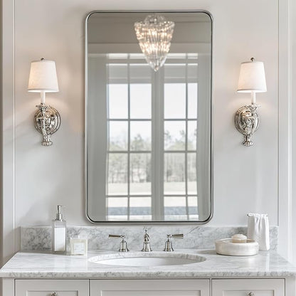 ANDY STAR Wall Mirror for Bathroom, 24x40 Inch Brushed Nickel Rectangle Bathroom Mirror for Over Sink, Modern Silver Rectangular Mirror for Vanity with Non-Rusting Tube Metal Frame, Explosion-Proof