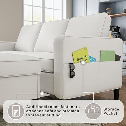 Sectional Sofa and Couches for Living Room, 78'' Beige 3 Seat L-Shaped Couch with Movable Ottoman, Comfy Linen Convertible Sectionals Sofas with Chaise for Apartment, Office, Small Space