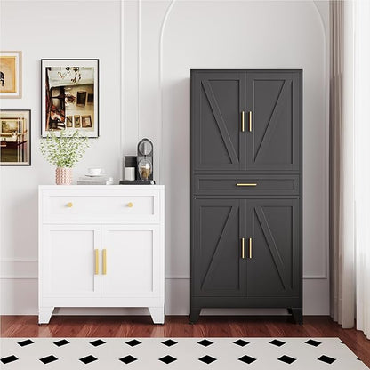 Large Metal Kitchen Pantry Cabinet with Adjustable Shelves - Freestanding Kitchen Storage Cabinet for Dining Room,Livingroom Bathroom, Hallway, Workshop, Office (Black, 71"-1 Drawer)