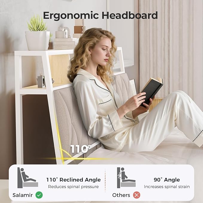 King Headboard Only, Headboard for King Size Bed with Storage, Upholstered Headboards with LED Lights & Charging Station, Attach Frame, Ideal for Bedroom/Dorm/Guest Room, White & Beige