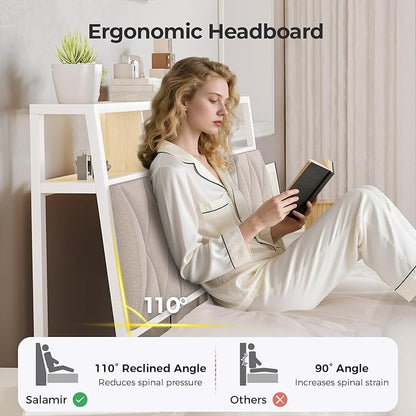 Queen Headboard Only, Headboard for Queen Size Bed with Storage, Upholstered Headboards with LED Lights & Charging Station, Attach Frame, Ideal for Bedroom/Dorm/Guest Room, White & Beige