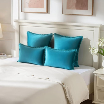 FUTEI Teal Velvet Decorative Throw Pillow Covers 12x20 Set of 2,Soft Cozy Edge with Tassels Lumbar Pillow Cases,Boho Modern Home Decor for Couch Bed Living Room