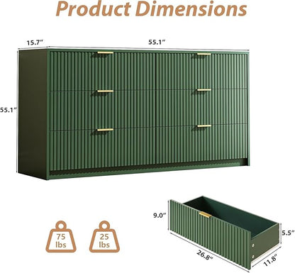 3-Piece Dresser Bedroom Set, 6 Drawer Dresser & 3 Drawer Nightstands with Gold Handles, Fluted Wood Chest of Drawers for Bedroom, Living Room, Entryway, Green