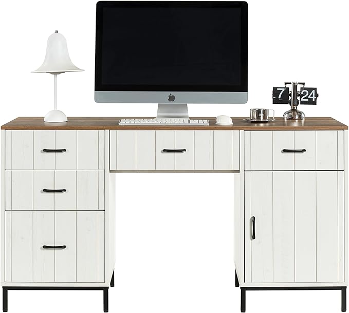 55" Executive Desk, Modern Wood Office Table with Charging Station, 5 File Drawer & 1 Storage Cabinet, Home Computer Writing Desk for Work Study, Living Room, Bedroom (White)