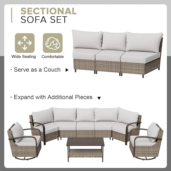 COOS BAY Aurora Terrace Half-Moon Outdoor Furniture Set, Rattan Conversation Set with Patio Chairs, Curved 5-Seat Sofa, Coffee Table & Side Table, Seats 7, Beige/Beige