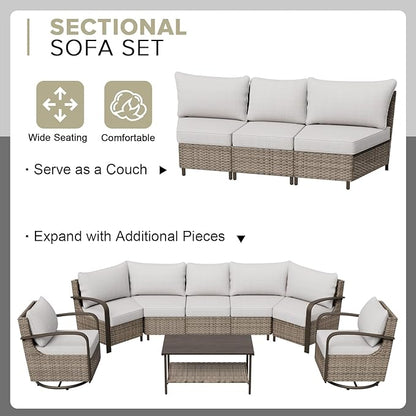 COOS BAY Aurora Terrace Half-Moon Outdoor Furniture Set, Rattan Conversation Set with Patio Chairs, Curved 5-Seat Sofa, Coffee Table, Seats 7, Beige/Beige