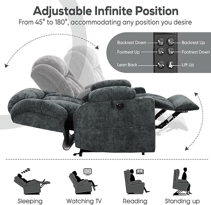 ABCASA Large Dual Motor Lay Flat Power Lift Recliner Chair for Elderly with Heat ＆ Massage, Comfortable Chenille Recliner, Cup Holder, Side Pocket,USB-A ＆ C Ports, Gray Blue