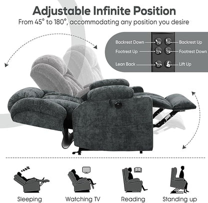 ABCASA Large Dual Motor Lay Flat Power Lift Recliner Chair for Elderly with Heat ＆ Massage, Comfortable Chenille Recliner, Cup Holder, Side Pocket,USB-A ＆ C Ports, Gray Blue