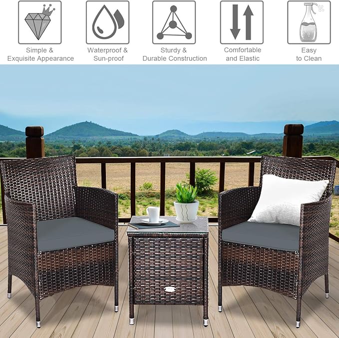 COSTWAY 3 PCS Patio Furniture Set, Outdoor Wicker Conversation Set with Tempered Glass Coffee Table, Seat Cushions, Rattan Wicker Chairs for Poolside Balcony Porch Backyard, Gray