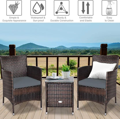 COSTWAY 3 PCS Patio Furniture Set, Outdoor Wicker Conversation Set with Tempered Glass Coffee Table, Seat Cushions, Rattan Wicker Chairs for Poolside Balcony Porch Backyard, Gray