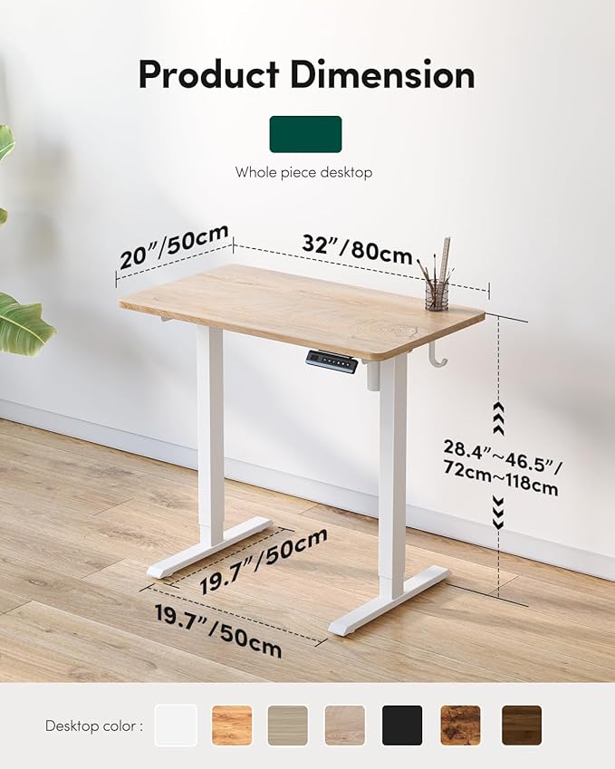 FEZIBO One-Piece Standing Desk Adjustable Height Stand up Home Office Desk, 32x20 Inch Electric Standing Computer Desk, with 4 Memory Presets, Headphone Hook, Maple
