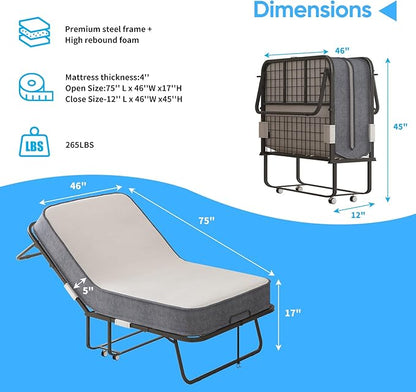 Mjkone Folding Bed with Mattress for Adults, 5 Inch Rollaway Bed for Adults, Space Saving Portable Bed with Lockable Wheels, Sturdy Metal Folded Frame and Memory Foam for Bedroom/Guest（75" x 46"）