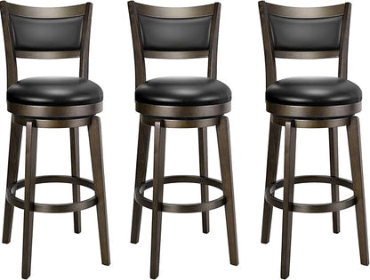 PrimeZone Swivel Bar Stools Set of 3, 30 Inch Bar Height Barstools, Black Faux Leather Bar Stool with High Backrest & Solid Wood Legs & Wrap-Around Footrest, Counter Stools for Kitchen Island, Pub