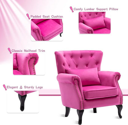 chairus Mid-Century Modern Accent Chair Comfy Tufted Single Sofa Chair Wingback Armchair with Pillow for Club, Living Room, Bedroom - Velvet, Rose