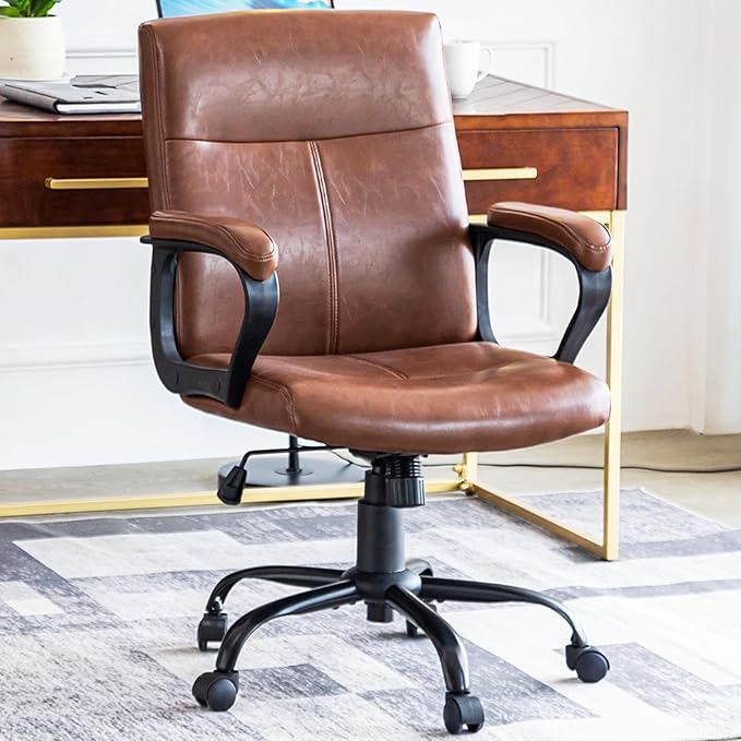 DYHOME Leather Office Chair Brown Desk Chair with Armrest, Ergonomic Computer Chair Mid Back, Mid Century Modern Home Office Desk Chair with 30° Tilting Backrest, Capacity 400lbs