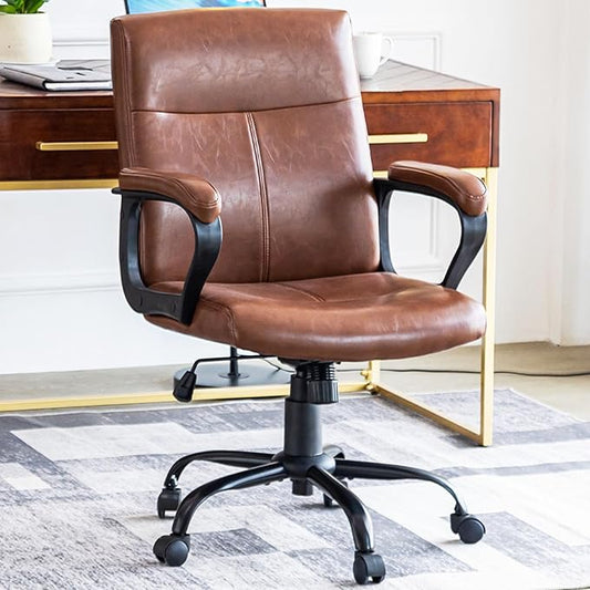 DYHOME Leather Office Chair Brown Desk Chair with Armrest, Ergonomic Computer Chair Mid Back, Mid Century Modern Home Office Desk Chair with 30° Tilting Backrest, Capacity 400lbs