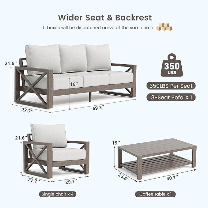 UDPATIO 6 Piece Aluminum Patio Furniture Set 7 Seats Modern Outdoor Furniture Faux Wood Grain Patio Conversation Sets with Olefin Fabric Thick Cushions, 600D Waterproof Cover Included, Light Grey