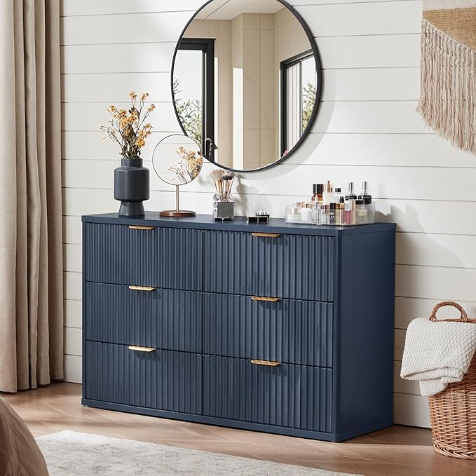 LEYAOYAO Fluted 6 Drawers Dresser Set of 2, 48" Wide Modern Chest of Drawers with Woodgrain Top, Curved Profile Design, Dresser TV Stand, Wood Drawer Organizer for Bedroom, Living Room, Hallway,Blue