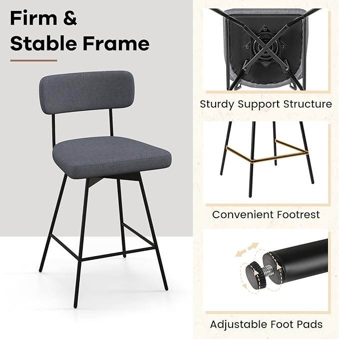 COSTWAY Bar Stools Set of 2, 25” Upholstered Counter Height Bar Stools with Back, 360° Swivel Dining Chairs with Heavy-Duty Metal Legs and Footrests, for Kitchen Island, Dining Room, Bar (2, Grey)