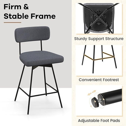 COSTWAY Bar Stools Set of 4, 25” Upholstered Counter Height Bar Stools with Back, 360° Swivel Dining Chairs with Heavy-Duty Metal Legs and Footrests, for Kitchen Island, Dining Room, Bar (4, Grey)