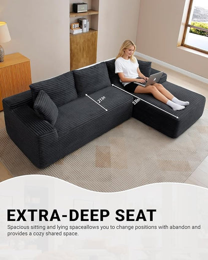 108" Cloud Sectional Couch,Modern Modular Sectional Sofa with Deep Seat,Corduroy Boneless Couches with L-Shape Chaise for Living Room,No Assembly Required (Black, Right Facing Chaise)