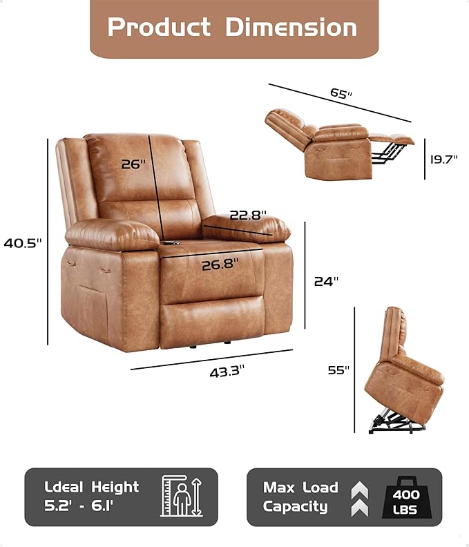 GarveeHome Oversized Wide Power Lift Recliner Chair - Heat and Massage, PU Leather, Adjustable Back and Legs, Electric Lift Chair Designed for The Elderly and People with Mobility impaired