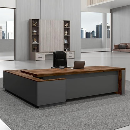 OfficeSimpli L Shaped Executive Desk with Drawers - 64x63x30 Inch - Made in USA - Ship Mostly Assembled - Home Office Workstation, Business Furniture, CEO Desk Table with Lockable Storage - Walnut
