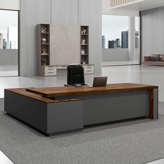 OfficeSimpli L Shaped Executive Desk with Drawers - 64x63x30 Inch - Made in USA - Ship Mostly Assembled - Home Office Workstation, Business Furniture, CEO Desk Table with Lockable Storage - Walnut
